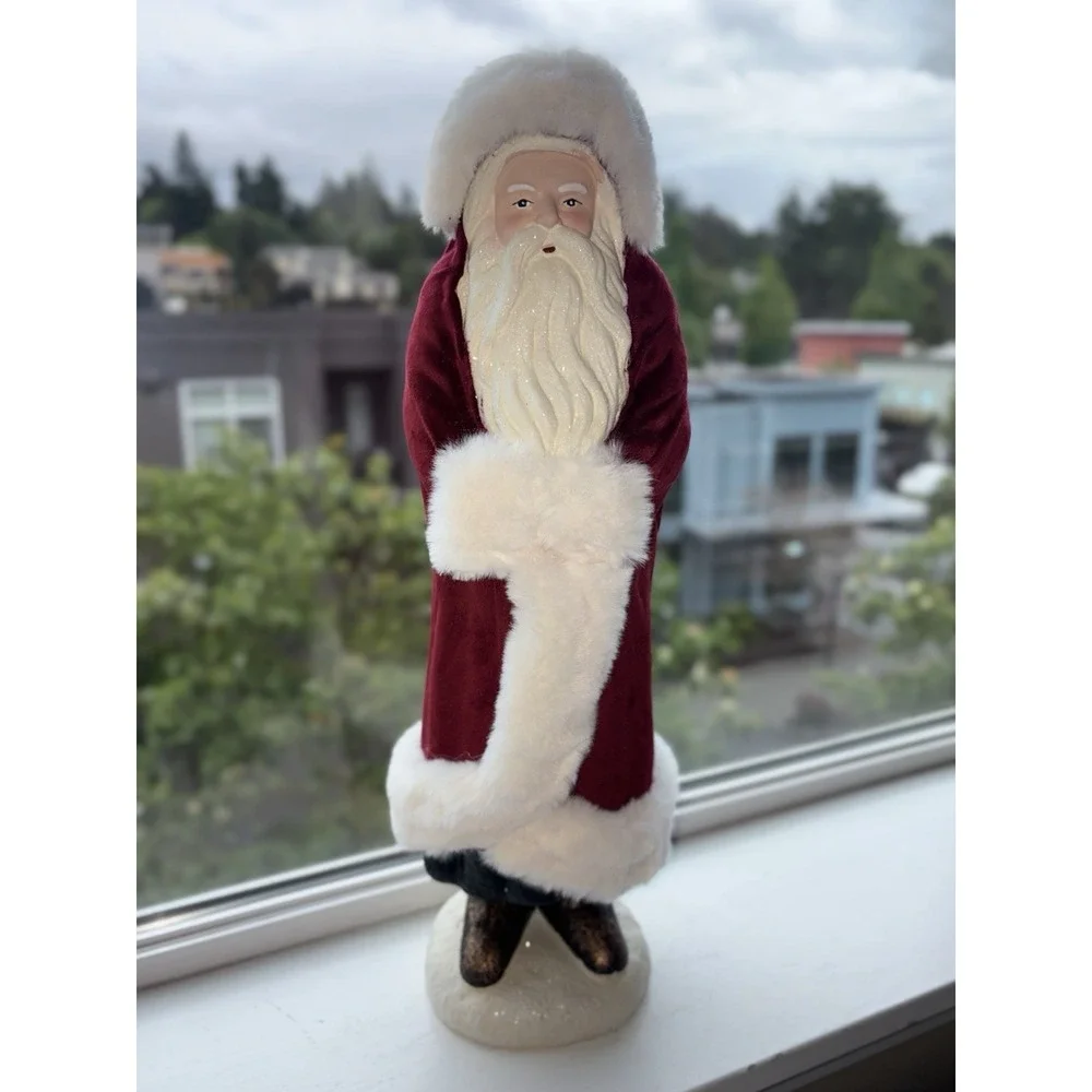 Freestanding Santa Claus Figurine Red Coat White Faux Fur Trim Fabric Decor